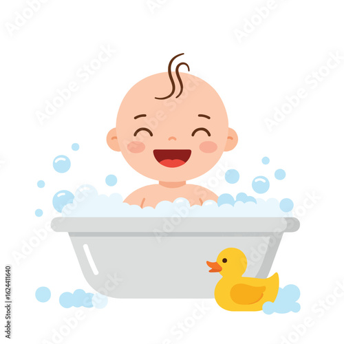 A happy baby enjoying a bath filled with bubbles and a rubber duck.
