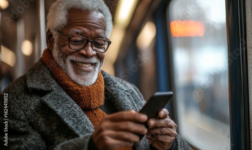 Happy elderly senior black African American man smiling at his phone on the subway, showcasing positive aging and the connection between technology and everyday life, Generative AI
