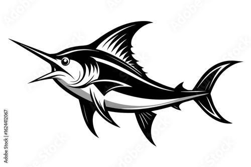 Stylized black and white marlin fish illustration for sport fishing