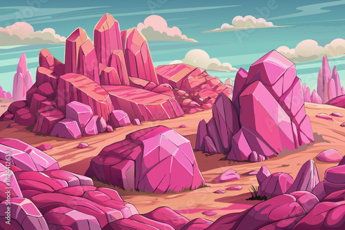 Surreal landscape with vibrant pink rocks and fluffy clouds, creating a dreamlike environment
