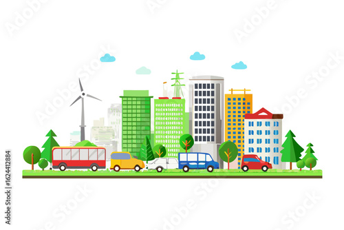 Eco friendly cityscape with buildings and vehicles isolated on transparent background
