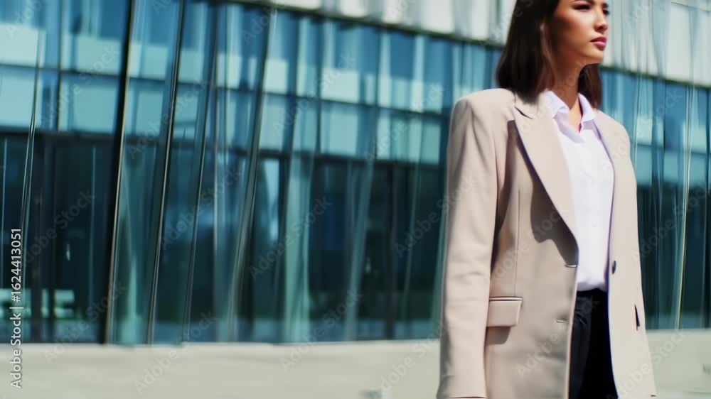 Confident Businesswoman Walking Near Modern Office Building on Sunny Day Confident Businesswoman Walking Near Modern Office Building on Sunny Day