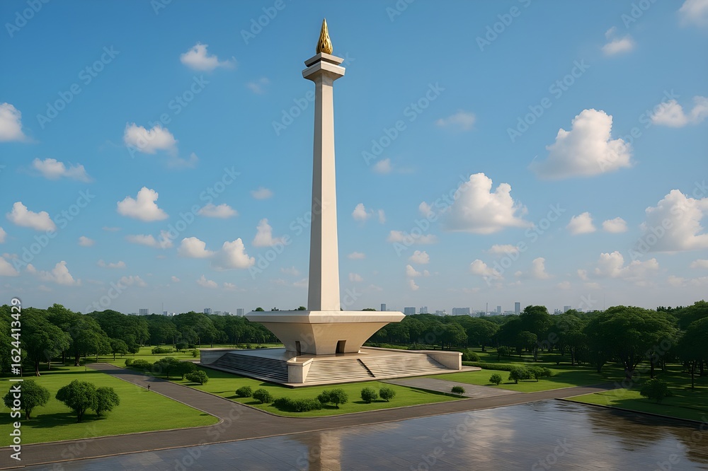 Obraz premium National Monument (Monas) in Jakarta, Indonesia. Iconic landmark with gold flame, symbolizing independence, set in Merdeka Square.
