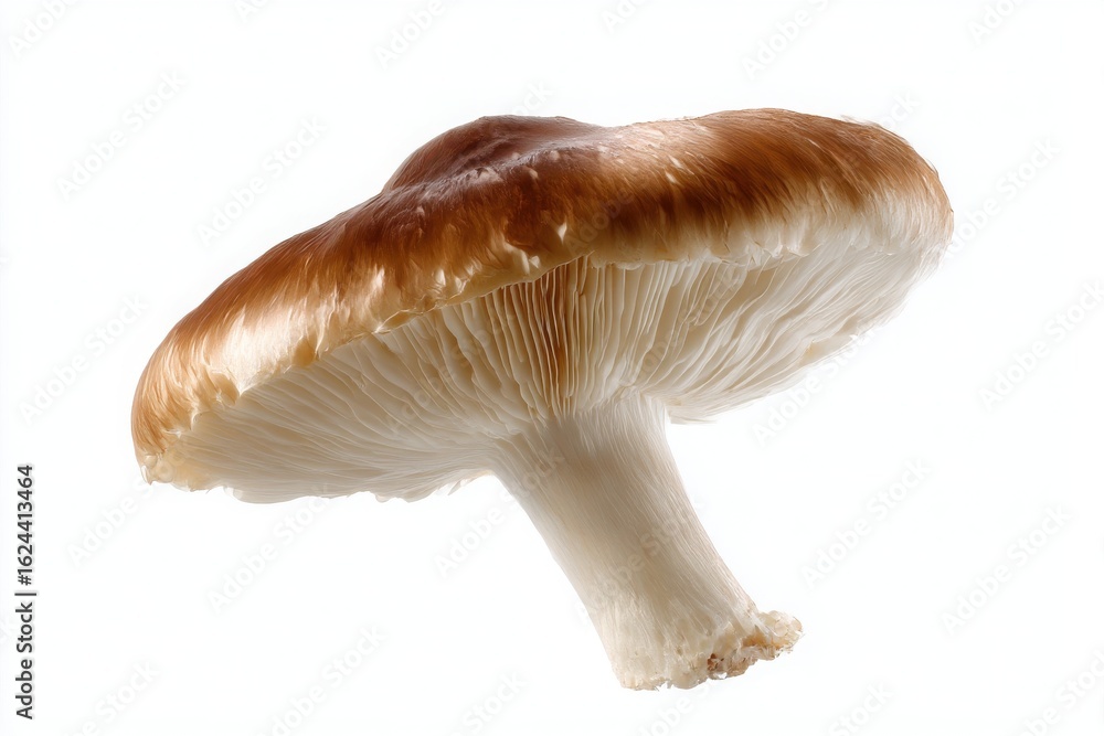 Fototapeta premium Close up view of the underside of a brown capped mushroom with white gills isolated on white background