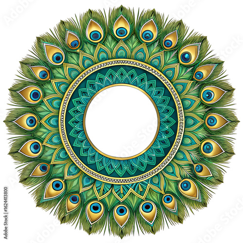 A circular mandala design featuring vibrant peacock feathers in shades of green and blue. The intricate pattern creates a mesmerizing visual effect.