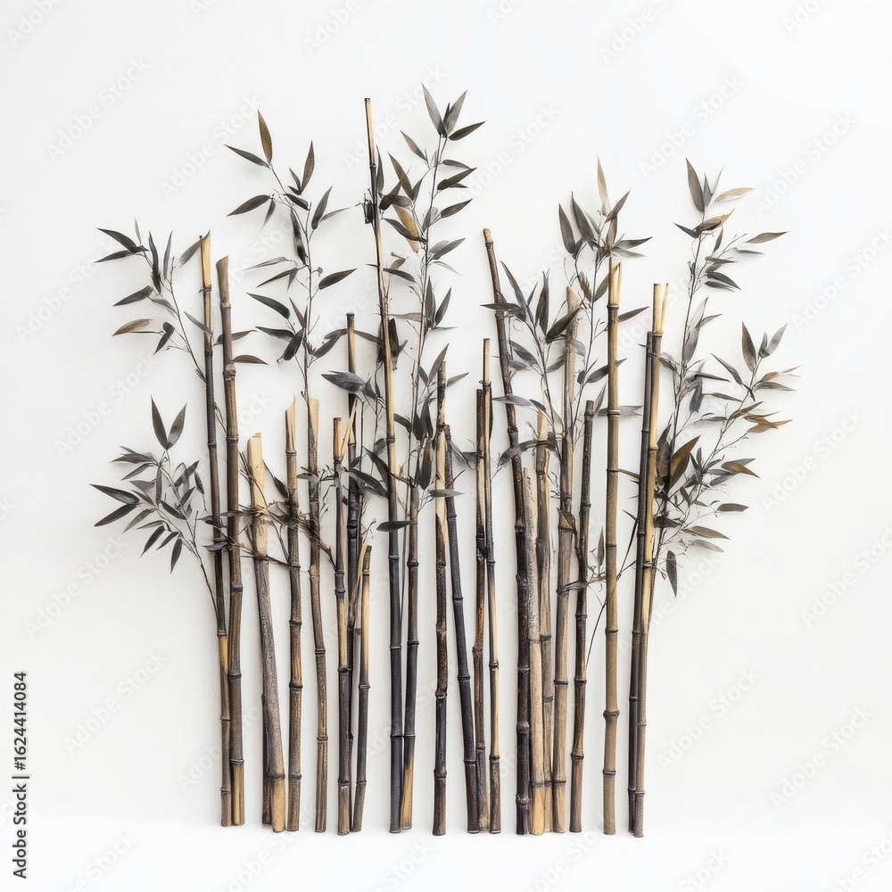 Obraz premium Dark bamboo stalks with leaves isolated on white background
