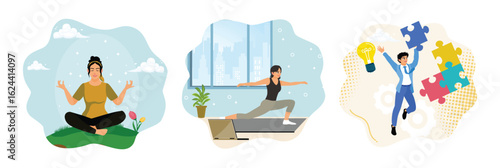 Woman practicing meditation, does an online yoga at home, a happy entrepreneur with mind fitness.