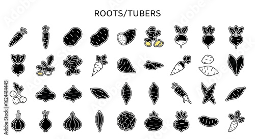Root Vegetables & Tubers Icons: Solid Black Glyphs for Food