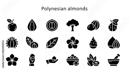 Polynesian Almond Icons: Solid Black Glyphs for Nuts & Tropical Food