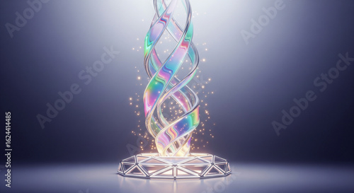 Futuristic iridescent data helix rising from a digital platform