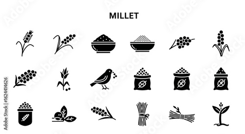 Millet Grain Icons: Solid Black Glyphs for Gluten-Free Foods & Grains