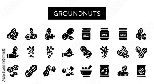 Groundnuts & Peanuts Icons: Solid Black Glyphs for Snacks & Food