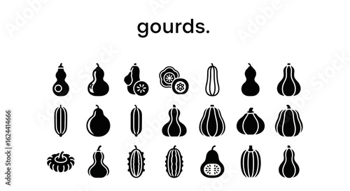 Gourds Icons Set: Solid Black Glyphs for Harvest & Autumn Food