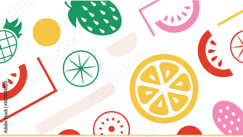 Colorful fruit medley featuring pineapple, lemon, watermelon, and other vibrant summer fruits design elements