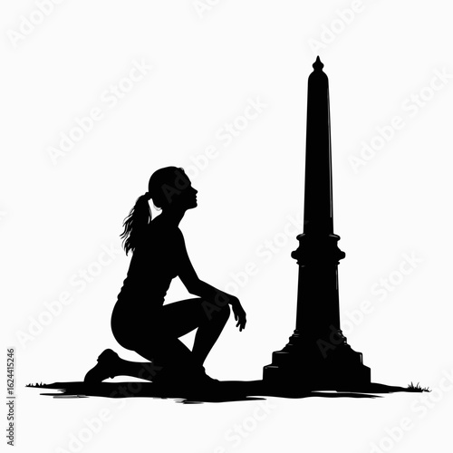 Woman kneeling near monument in silhouette against white background. Silhouette of woman gazing up at obelisk. Kneeling near monument for reflection and contemplation.