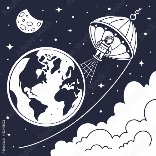 Astronaut descending from a spaceship near earth and the moon in outer space with stars and clouds