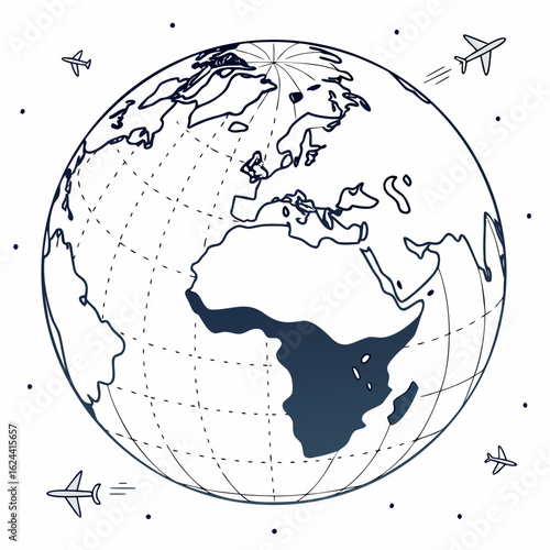 Sketch of earth with airplanes flying around the globe illustrating international travel and global connectivity