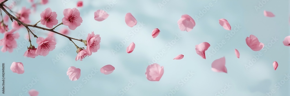 Fototapeta premium Delicate pink cherry blossoms and petals gently drifting in the breeze against a soft blue backdrop, capturing the essence of spring