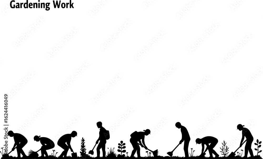 Obraz premium Gardener Silhouettes Performing Planting and Landscaping Tasks vector