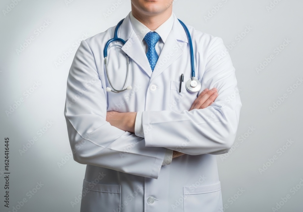 Professional male doctor wearing white lab coat and stethoscope standing with arms crossed confidently Professional male doctor wearing white lab coat and stethoscope standing with arms crossed confidently