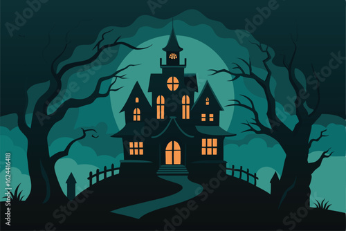 victorian haunted house at night with creepy trees (1).eps