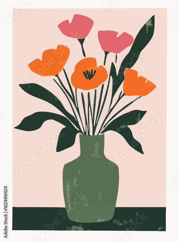 Vintage flowers painting, pretty floral design, soft colors, delicate feminine, orange and green