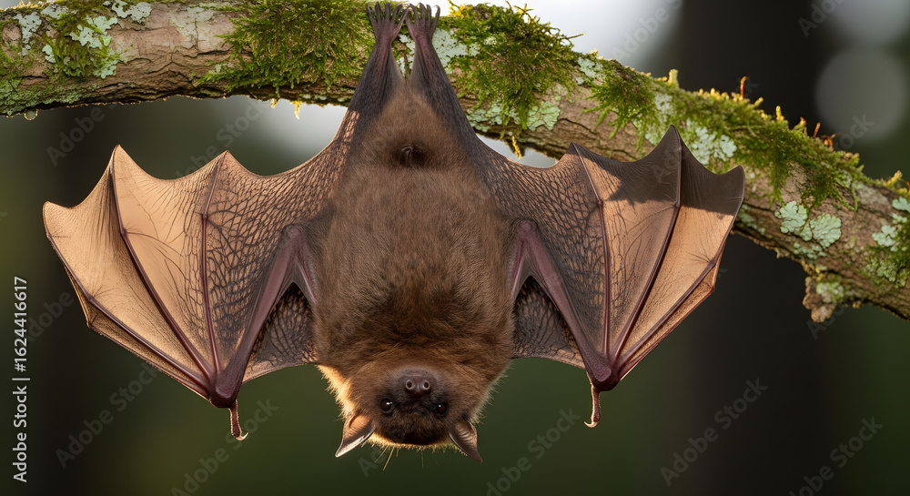 Obraz premium Solitary bat hanging upside down from a mossy branch within a natural environment