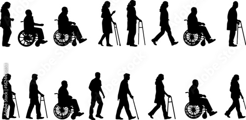 Silhouettes of Elderly and Disabled People with Mobility Aids vector bundle