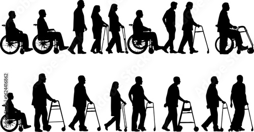 Silhouettes of Elderly and Disabled People with Mobility Aids vector bundle