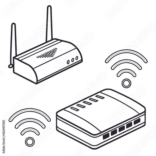 Two different types of routers with wifi signal isolated on white background