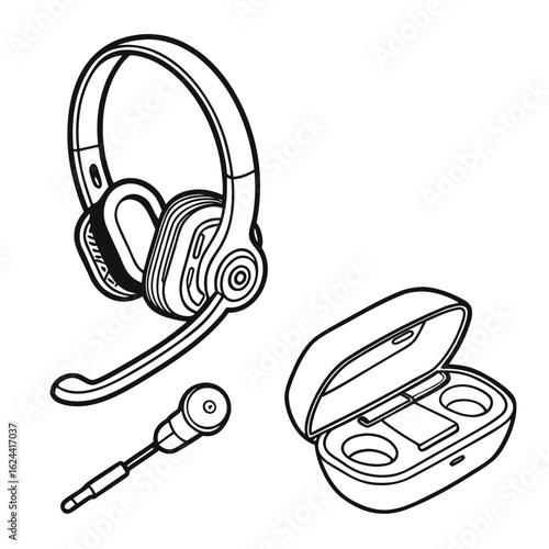Wireless headset and earphones with charging case isolated on white background
