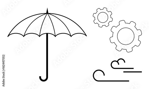 Open umbrella with gears and wind lines signifying security, optimization, and resistance to risks. Ideal for protection, insurance, adaptation, innovation, planning, resilience simple landing page