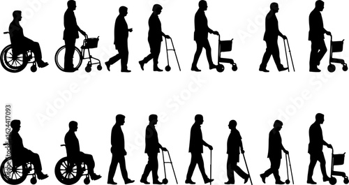 Silhouettes of Elderly and Disabled People with Mobility Aids vector bundle