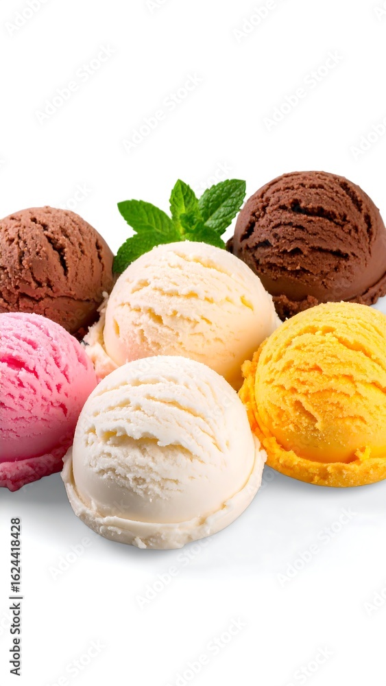 Fototapeta premium Five colorful ice cream scoops, vanilla, chocolate, strawberry, and orange, arranged with mint leaves on a white background