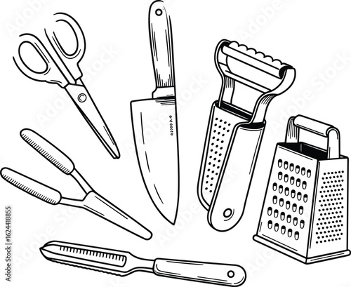 Essential kitchen tools for cooking, knife, scissors, grater, peeler, food prep utensils, kitchen gadgets, culinary equipment, must-have accessories