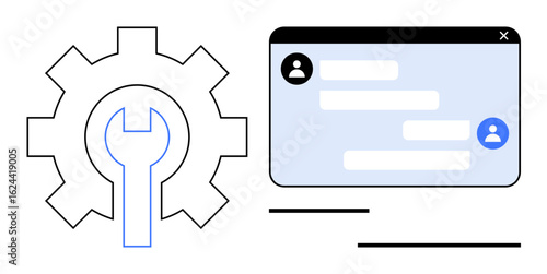Gear and wrench symbolize settings or tools. Messaging interface shows user chat. Ideal for customer service, support, collaboration, problem-solving, IT, communication, simple landing page