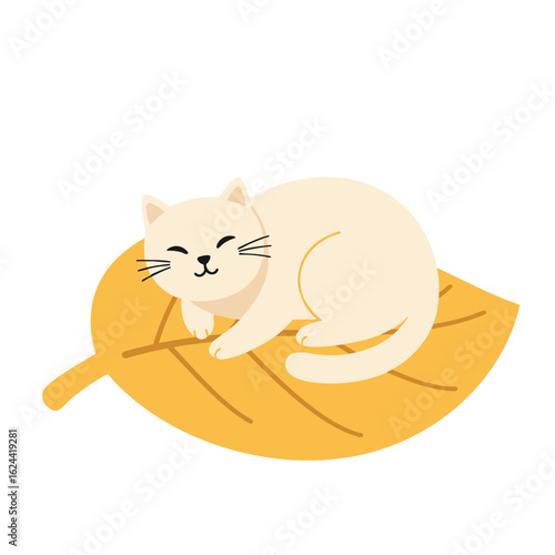 Cute White Cat Sleeping on a Yellow Leaf