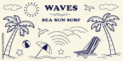 A whimsical and relaxed beach scene, featuring a variety of summer elements like a surfboard, palm tree, beach ball, sunglasses, and umbrella Summer Icons and Summer Accessories	