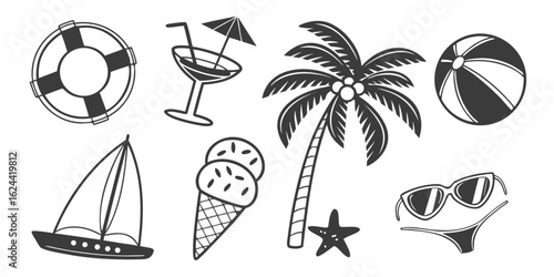 A whimsical and relaxed beach scene, featuring a variety of summer elements like a surfboard, palm tree, beach ball, sunglasses, and umbrella Summer Icons and Summer Accessories	