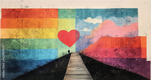 Rainbow retro landscape background love concept risograph printmaking, riso print, paper texture, vintage retro psychedelic backdrop with stars