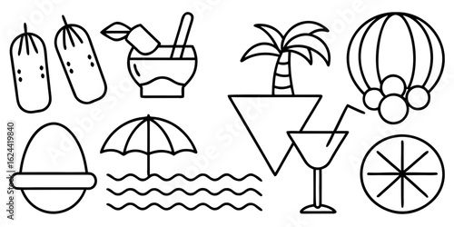 A whimsical and relaxed beach scene, featuring a variety of summer elements like a surfboard, palm tree, beach ball, sunglasses, and umbrella Summer Icons and Summer Accessories	