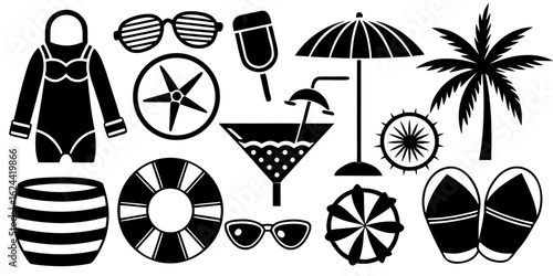 A whimsical and relaxed beach scene, featuring a variety of summer elements like a surfboard, palm tree, beach ball, sunglasses, and umbrella Summer Icons and Summer Accessories	