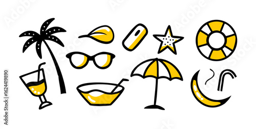 A whimsical and relaxed beach scene, featuring a variety of summer elements like a surfboard, palm tree, beach ball, sunglasses, and umbrella Summer Icons and Summer Accessories	