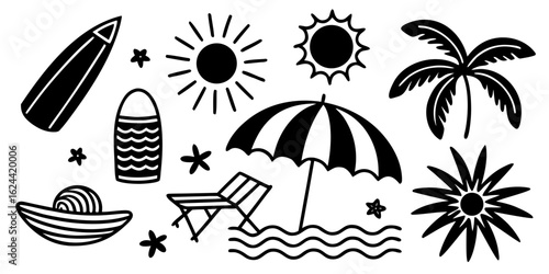 A whimsical and relaxed beach scene, featuring a variety of summer elements like a surfboard, palm tree, beach ball, sunglasses, and umbrella Summer Icons and Summer Accessories	