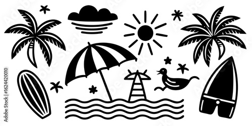 A whimsical and relaxed beach scene, featuring a variety of summer elements like a surfboard, palm tree, beach ball, sunglasses, and umbrella Summer Icons and Summer Accessories	