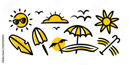 A whimsical and relaxed beach scene, featuring a variety of summer elements like a surfboard, palm tree, beach ball, sunglasses, and umbrella Summer Icons and Summer Accessories	