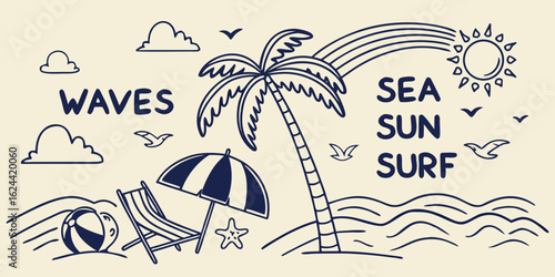 A whimsical and relaxed beach scene, featuring a variety of summer elements like a surfboard, palm tree, beach ball, sunglasses, and umbrella Summer Icons and Summer Accessories	