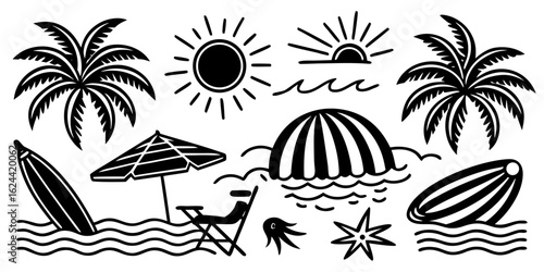 A whimsical and relaxed beach scene, featuring a variety of summer elements like a surfboard, palm tree, beach ball, sunglasses, and umbrella Summer Icons and Summer Accessories	