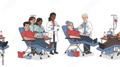 Donating Blood: Diverse Adult People Giving Blood at Clinic