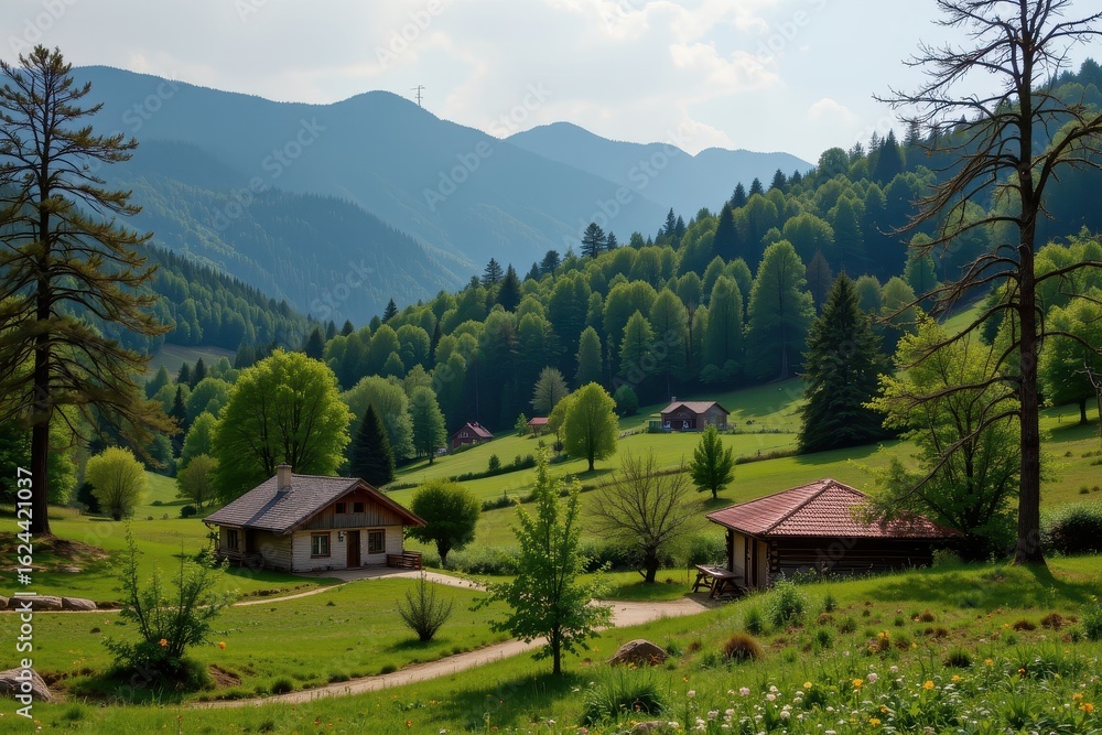 a quiet green village surrounded by reforested hills reducing temperature extremes and absorbing daily carbon emissions no punctuation special marks or strange symbols a quiet green village surrounded by reforested hills reducing temperature extremes and absorbing daily carbon emissions no punctuation special marks or strange symbols